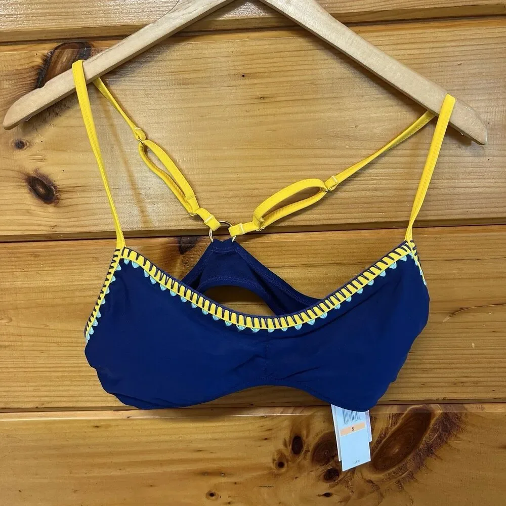 Jessica Simpson Womens Navy Blue Yellow Adjustable Straps Padded  Bikini Top S